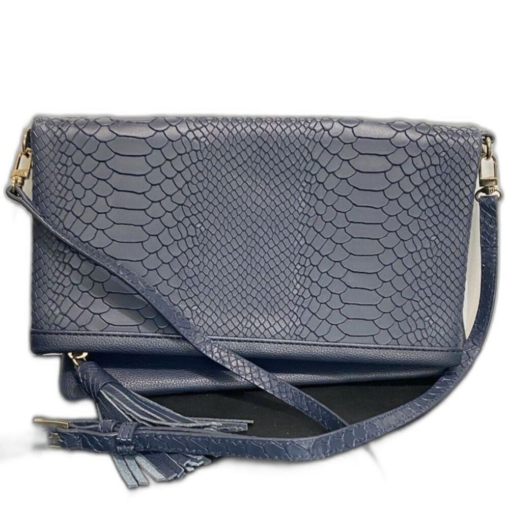 GIGI NEW YORK Navy Embossed Python Leather, Fold Over Clutch/Crossbody Purse.